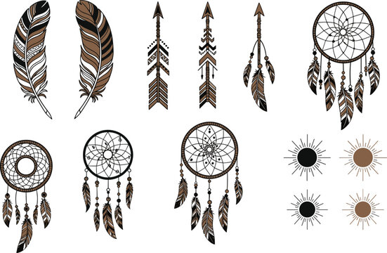 Boho tribal vector set, dreamcatcher, feather, arrow, ethnic decoration symbol, native american style, hand drawn illustration collection, brown, black, art.