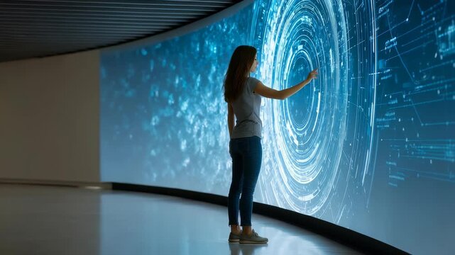 A woman interacts with a futuristic digital interface, touching a glowing virtual screen filled with data and circular graphics. Modern technology and innovation are showcased in this scene