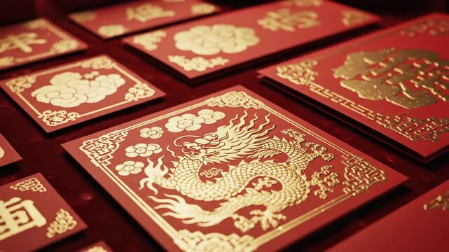Traditional Chinese Red Envelopes with Dragon Designs, Symbolizing Luck and Prosperity