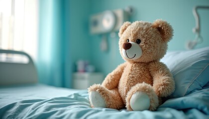 Close up photo of a soft teddy bear on a hospital bed. The bear is in a child room. Comfort toy provides comfort and support. Hospital room has a blue color scheme.