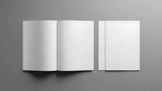Top-down view of one closed and one open blank brochure next to each other displayed on a solid gray background for design mockups.