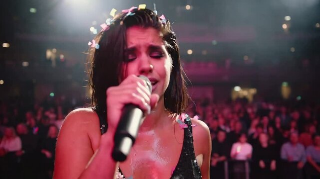 Lead singer performing live on stage in front of an audience