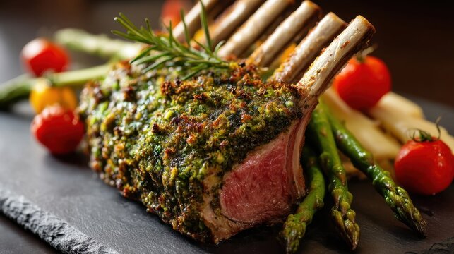Herb-crusted rack of lamb with asparagus and cherry tomatoes on slate platter.