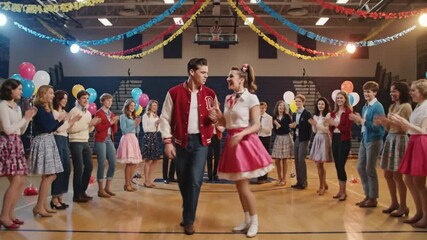 Couple dancing at 1950s retro high school prom, celebrating teen joy and nostalgia