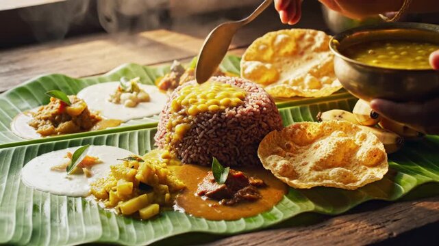 Traditional Indian meal on a banana leaf with pongal mound, curries, chutneys, papad crisps. wow yum