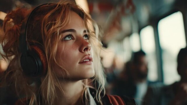 Young girl commuting in metro with headphones, enjoying music