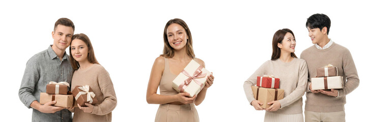 People Holding Gift Boxes on White Background