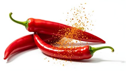 Bright red chili peppers artistically arranged with vibrant crushed red pepper flakes scattering across them