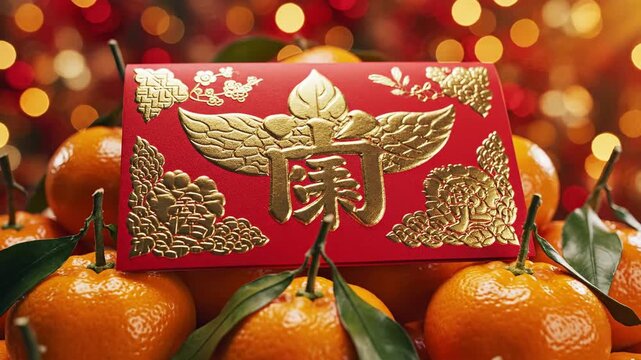 Red envelopes with gold Chinese characters and mandarin oranges, symbolizing good fortune and prosperity during festivals