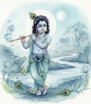 Lord Krishna playing flute in Vrindavan forest with cows and river watercolor illustration