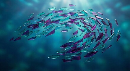 Abstract representation of fragmented, iridescent shards of glass or crystal floating in a deep blue, watery environment