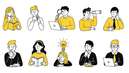 Collection of diverse people in various thinking poses, some with laptops and magnifying glasses, representing contemplation and ideas.