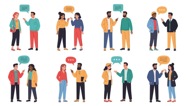 Diverse groups of people engaged in conversations, depicted with speech bubbles above their heads.