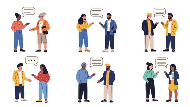 Six diverse pairs of people engaged in conversation, depicted with speech bubbles above their heads.