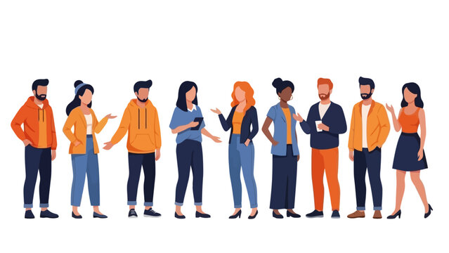 A diverse group of nine casually dressed people standing in a line against a white background.