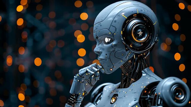 Robot thinking in a futuristic setting. A robot stands in a dark space filled with bright lights. It appears to be deep in thought about something.