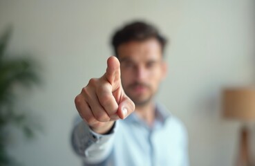 Man points finger forward. Guy gestures at something. Focus on hand touching virtual screen. Person interacts with interface. Concept of modern tech, future, choice, direction. Presentation of