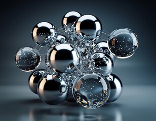 A cluster of reflective metallic spheres arranged in a complex molecular structure, viewed from a slightly elevated perspective.