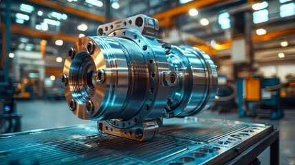 Close-up of a high-precision industrial electric motor installed on a production line inside a modern factory. Concept of manufacturing, engineering, automation, and heavy industry technology