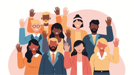 A diverse group of people waving their hands in a friendly gesture. © Indar