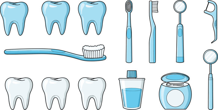 Dental care icons set, tooth, toothbrush, floss, mirror, mouthwash, oral hygiene, dentist tool, medical symbol, vector illustration, healthy smile, blue, collection.