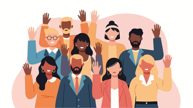 A diverse group of people waving their hands in a friendly gesture.