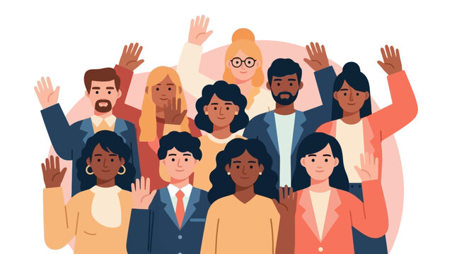 A diverse group of people with different ethnicities and genders raising their hands in agreement or participation.