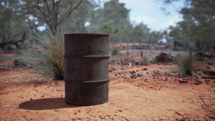 Obraz premium In the heart of a desolate landscape, a weathered barrel stands solitary on cracked earth. Surrounding vegetation hints at resilience, contrasting the stark environment.