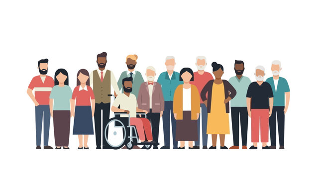 A diverse group of people of various ages, ethnicities, and abilities standing together.