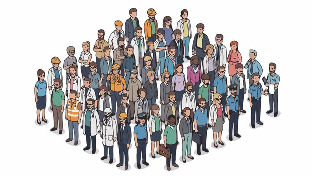 A diverse group of people in various professions standing together in a diamond formation.