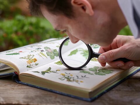 Magnifying glass examining botanical book illustrations close up for study and research concept 4k video