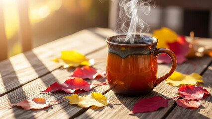 Steaming Autumn Coffee Mug with Colorful Leaves on Wooden Table