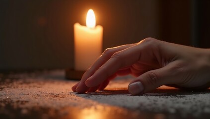 A lit candle beside a hand resting on a surface covered with white granules