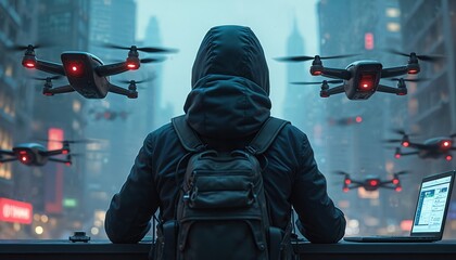 Person controls drone swarm in city. Hacker uses laptop with advanced interface. Drones fly with red lights in urban landscape at night. Future tech, cyber operations, city surveillance.