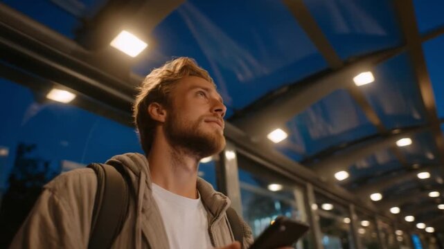 Young Man Scanning QR Ticket at Smart Bus Terminal in Evening