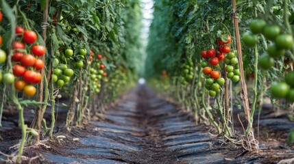 Lush tomato plants in greenhouse with ripening fruits on vines.