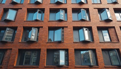 Fototapeta premium Brick facade with grid windows shows urban design. Building exterior reflects cityscape. Modern architecture features symmetric pattern. Windows reflect blue sky. Geometric shapes decorate wall of
