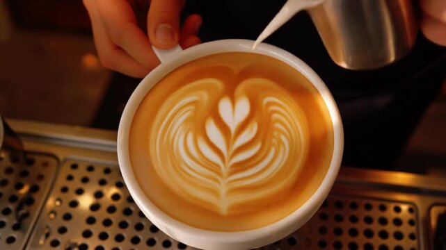 Slow-motion top view of a barista drawing leaf latte art with creamy texture and warm sunlight, cinematic 4K.