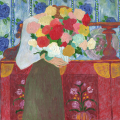 abstract woman with flowers. oil painting. illustration