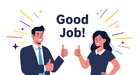 Smiling businessman and businesswoman giving thumbs up with 'Good Job!' text, representing praise, teamwork, and achievement.
