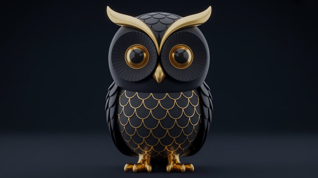 3 D Rendered Black and Gold Owl with Detailed Feathers and Eyes digital black owl