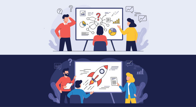 Two scenes of a business team, one confused by a complex strategy and the other successfully launching a rocket for a startup.