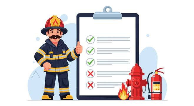 A friendly firefighter giving a thumbs-up next to a large fire safety checklist with fire hydrant and extinguisher equipment.
