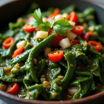 Close up photo shows callaloo dish. Fresh green callaloo with cherry tomatoes and white cheese cubes. Food garnished with parsley in dark bowl. Healthy food concept.