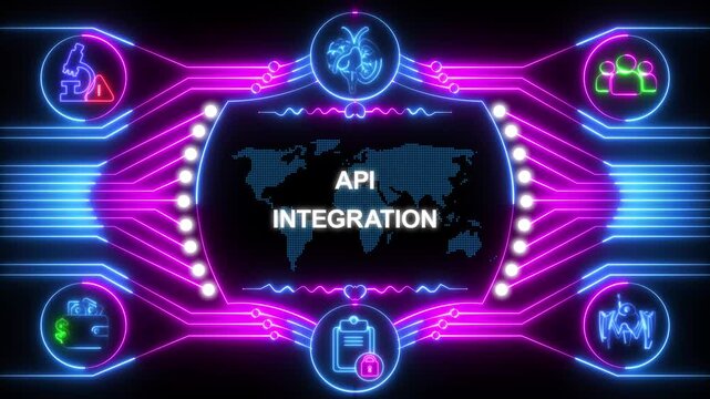 Neon API Integration Concept with Glowing Icons and World Map