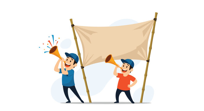 Two happy boys blowing horns next to a large blank banner held up by bamboo sticks, perfect for announcements or events.