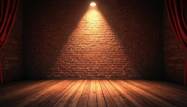 Theater stage lit by spotlight with wooden floor. Brick wall backdrop adds classic, vintage charm. Red curtain drapes on both sides. Ready for performance, show or presentation.