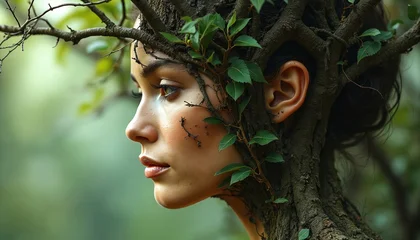 Sierkussen Meisjeskamer Woman portrait with tree bark texture and branches with foliage. Fantasy female profile shows concept of nature unity and transformation. Magic conceptual girl merges with forest tree.  © miss irine