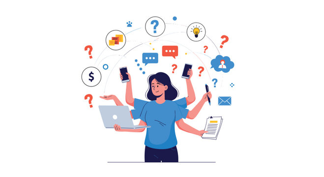 A busy woman with multiple arms multitasking by using a laptop, phone, and handling various tasks and questions simultaneously.