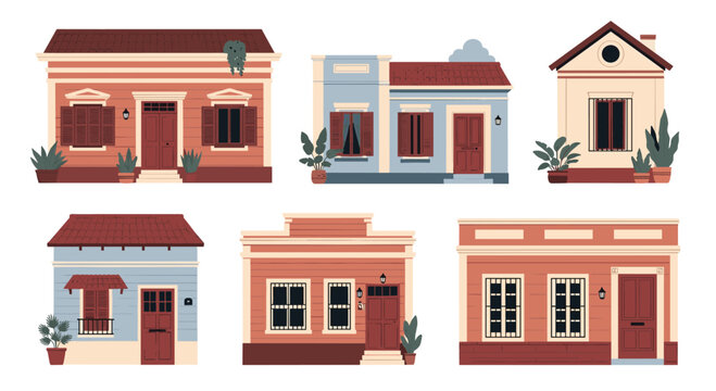 A collection of cute and colorful small townhouses and old buildings with classic architectural details on a white background.